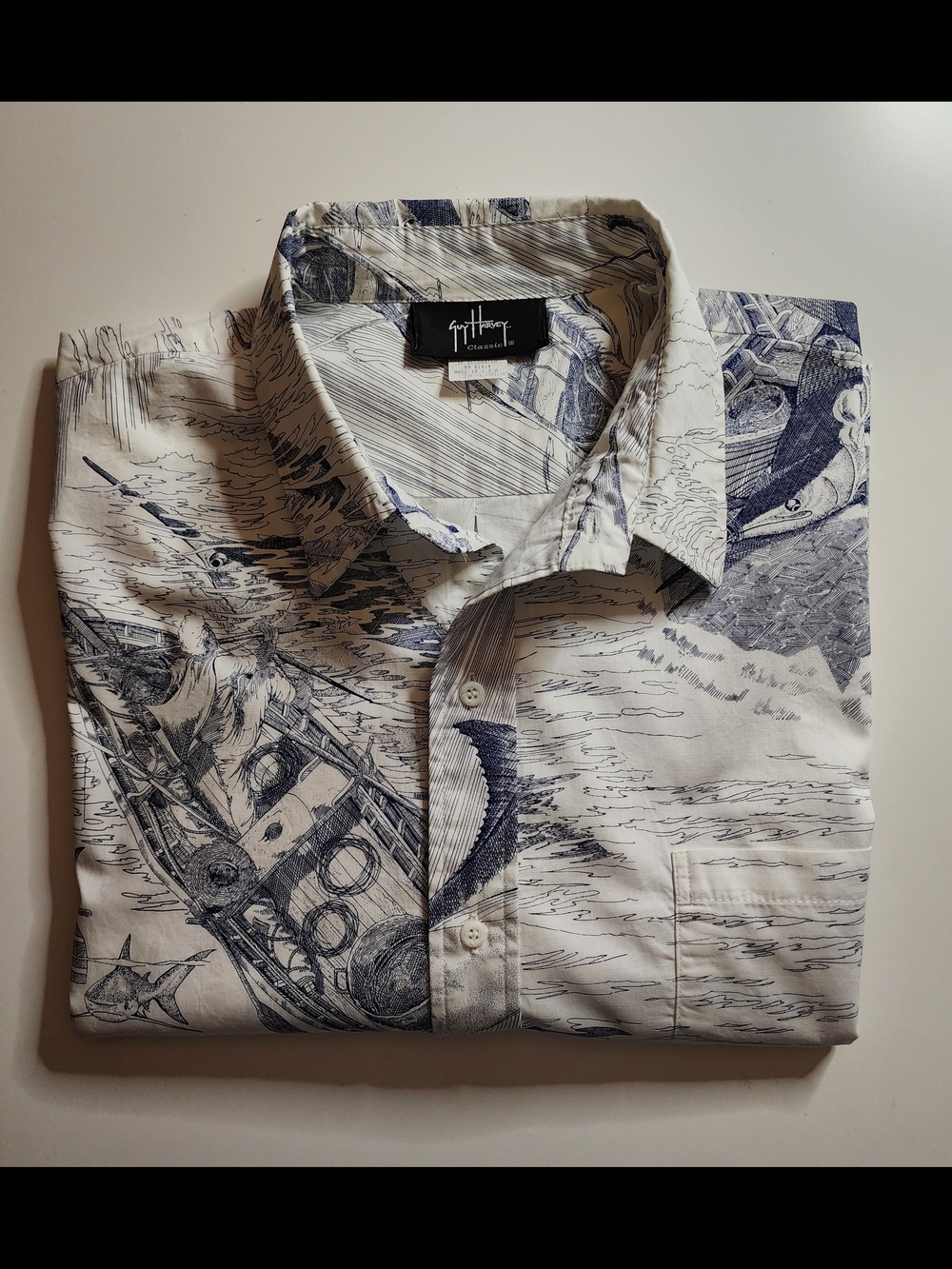 Vintage Guy Harvey Blue on White Nautical Camp Shirt
